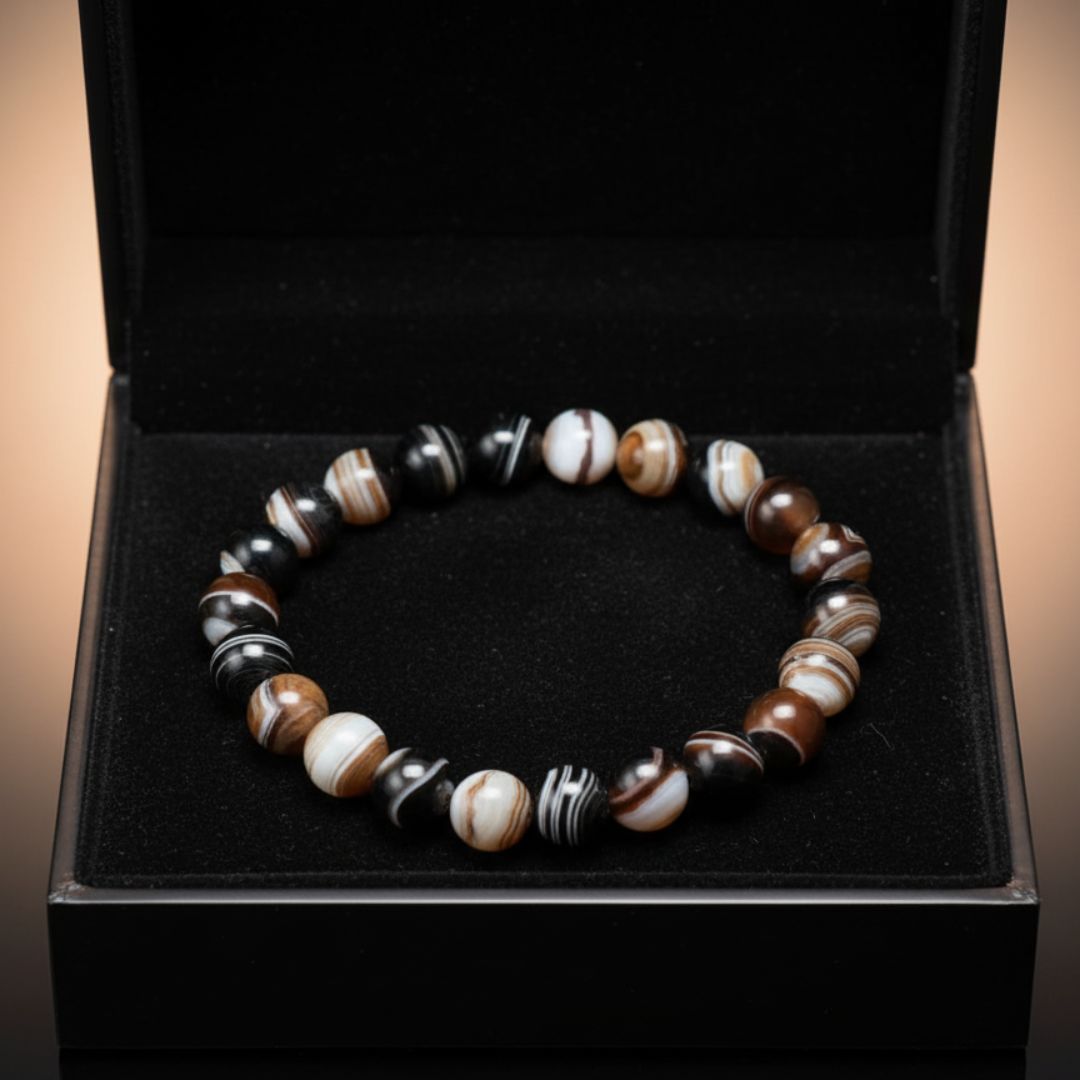 black sulemani hakik bracelet on a black cushion in an open black box with a gradient background