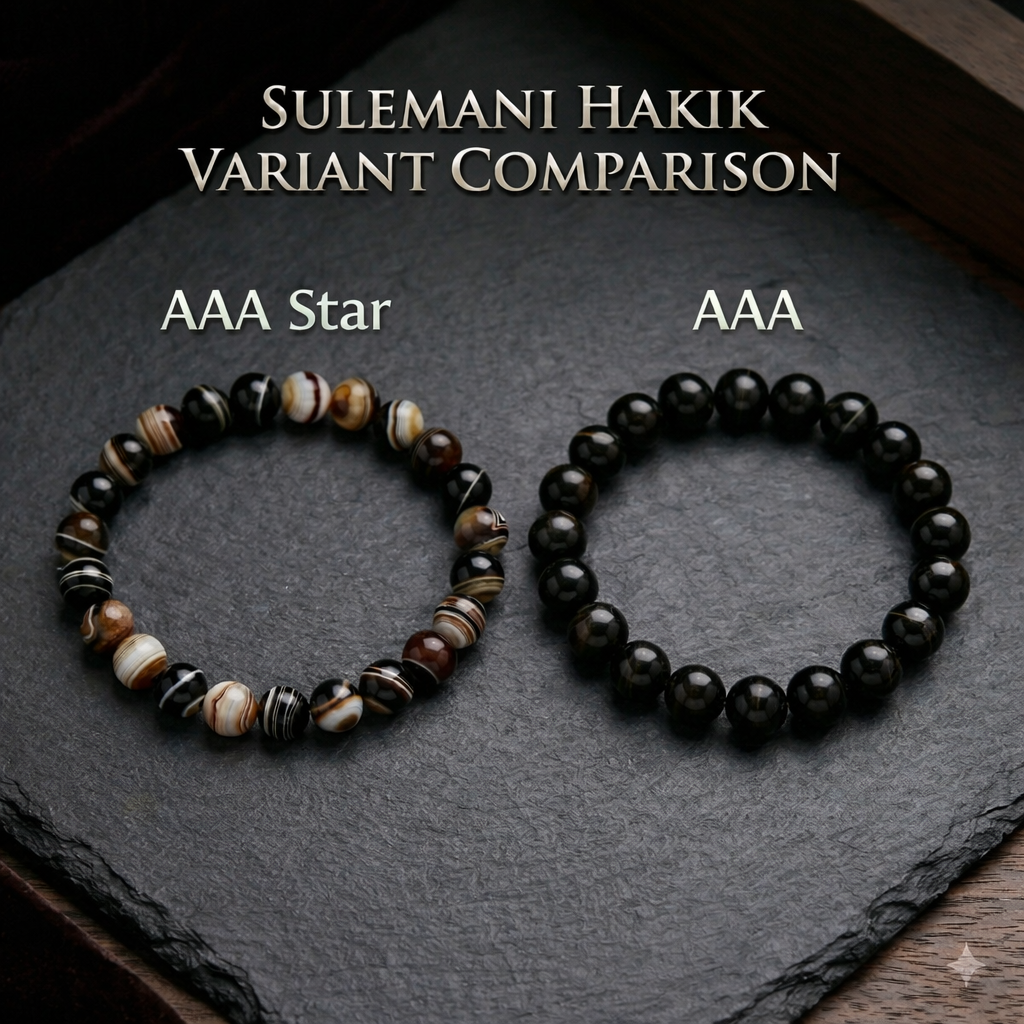 Black Sulemani Hakik Bracelet labeled 'AAA Star' and 'AAA' on a dark surface with text 'Sulemani Hakik Variant Comparison'.