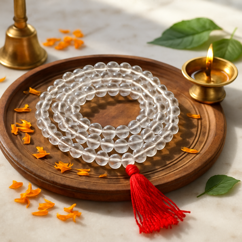 Natural Clear Quartz (Sphatik) 108 Beads Mala – Round & Diamond Cut | AAA Grade| Lab Certified