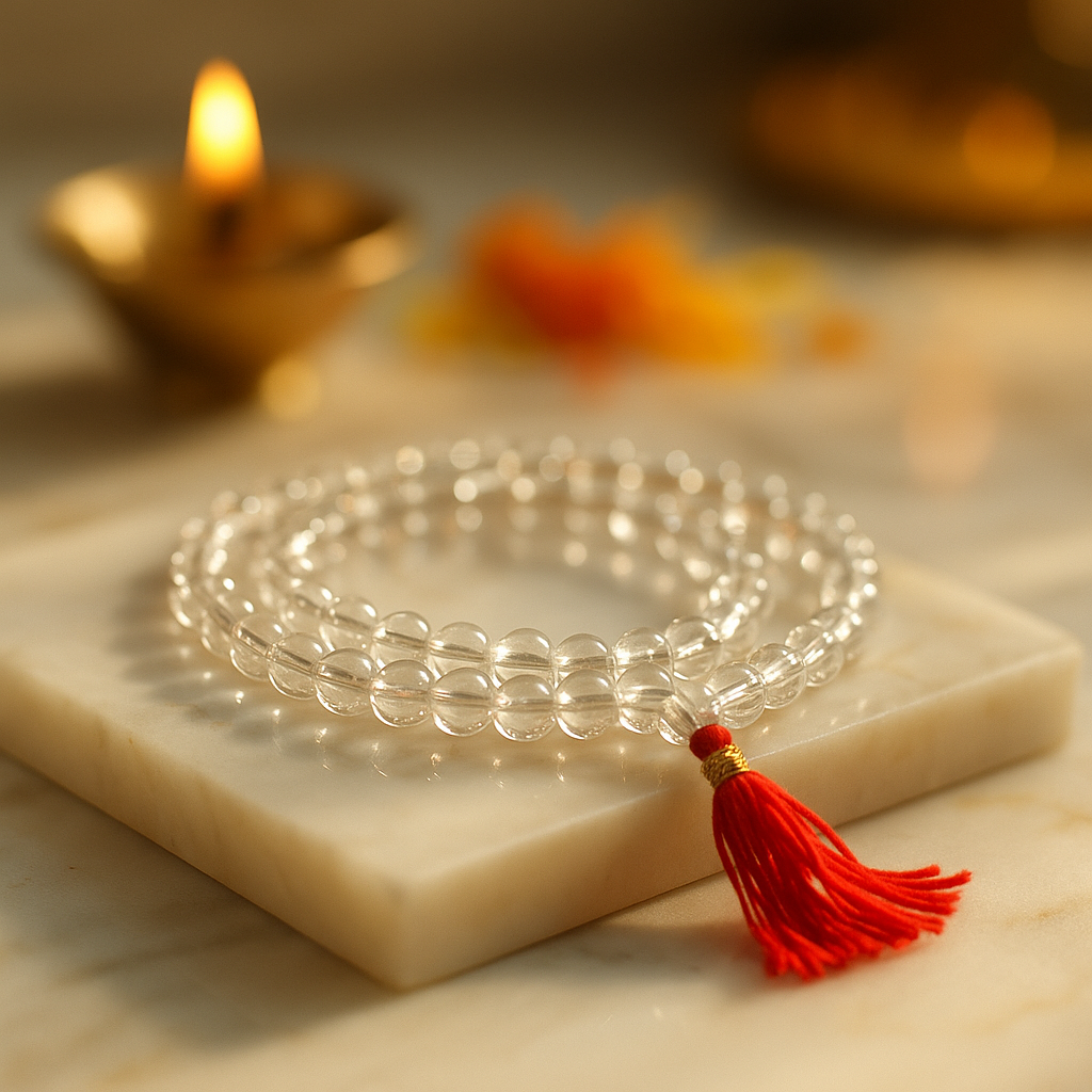 Natural Clear Quartz (Sphatik) 108 Beads Mala – Round & Diamond Cut | AAA Grade| Lab Certified