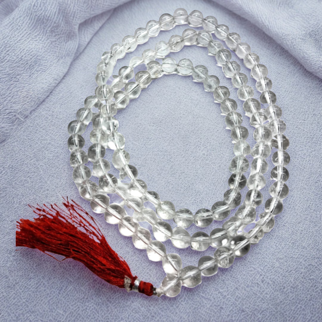 Natural Clear Quartz (Sphatik) 108 Beads Mala – Round & Diamond Cut | AAA Grade| Lab Certified
