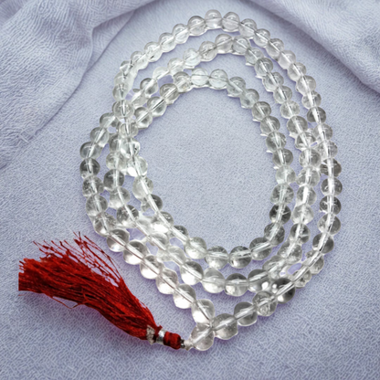 Natural Clear Quartz (Sphatik) 108 Beads Mala – Round & Diamond Cut | AAA Grade| Lab Certified