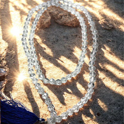 Natural Clear Quartz (Sphatik) 108 Beads Mala – Round & Diamond Cut | AAA Grade| Lab Certified