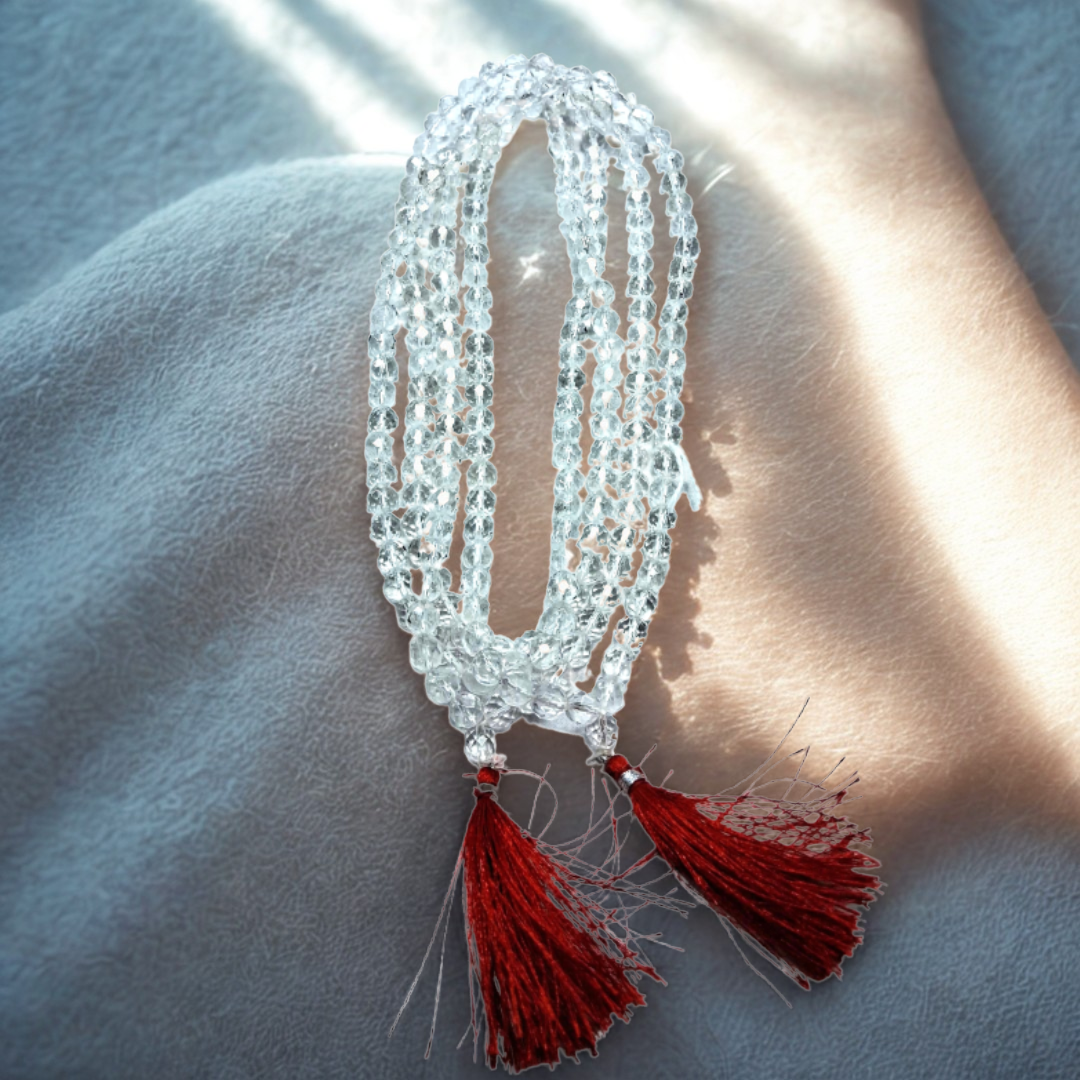 Natural Clear Quartz (Sphatik) 108 Beads Mala – Round & Diamond Cut | AAA Grade| Lab Certified