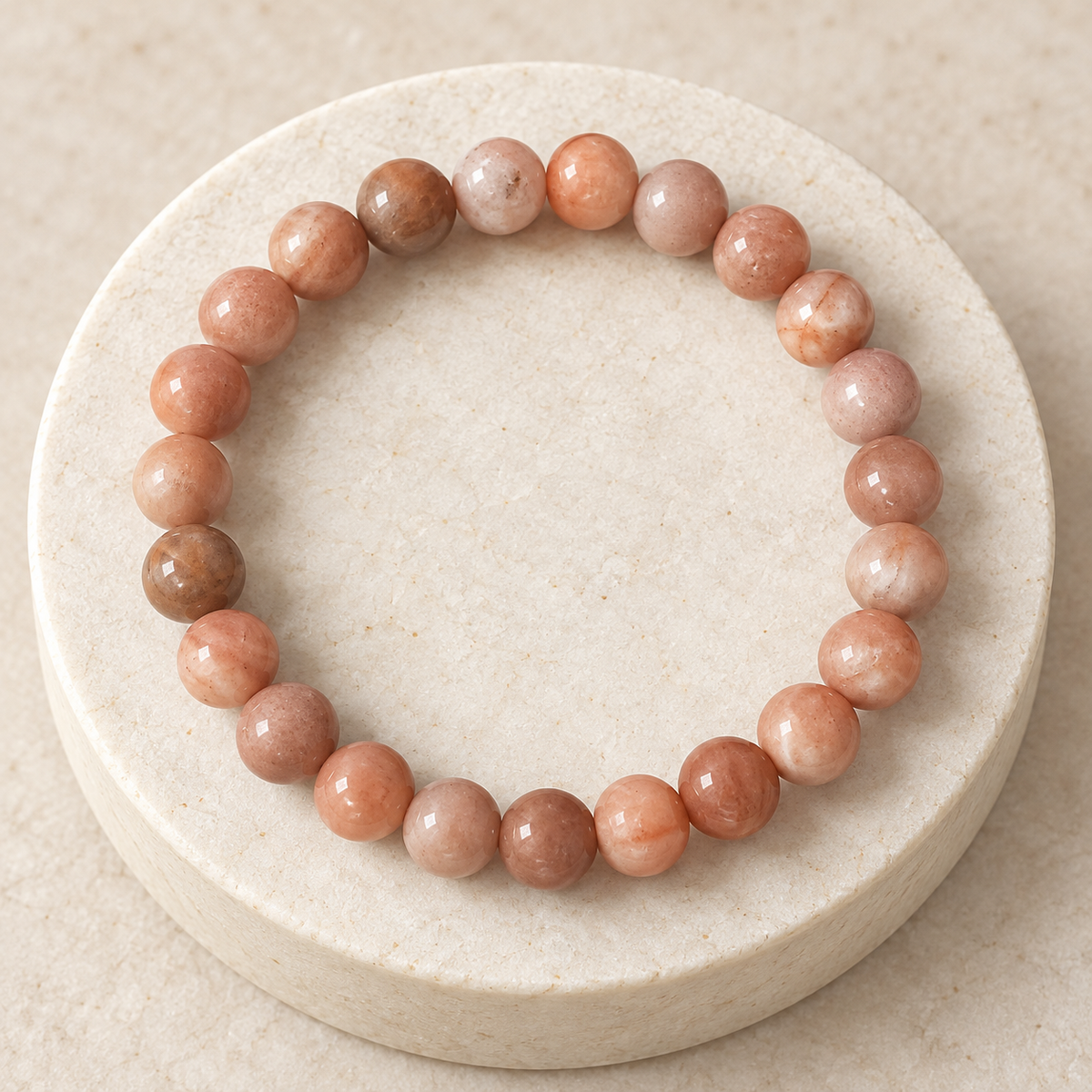 Full view of a peach Sunstone bracelet on an ivory stone pedestal
