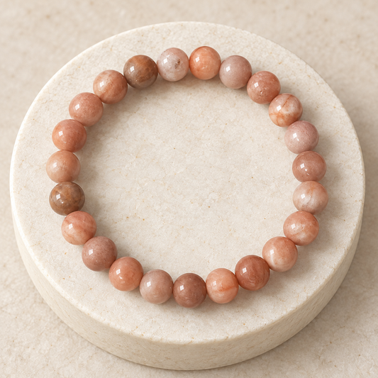 Full view of a peach Sunstone bracelet on an ivory stone pedestal