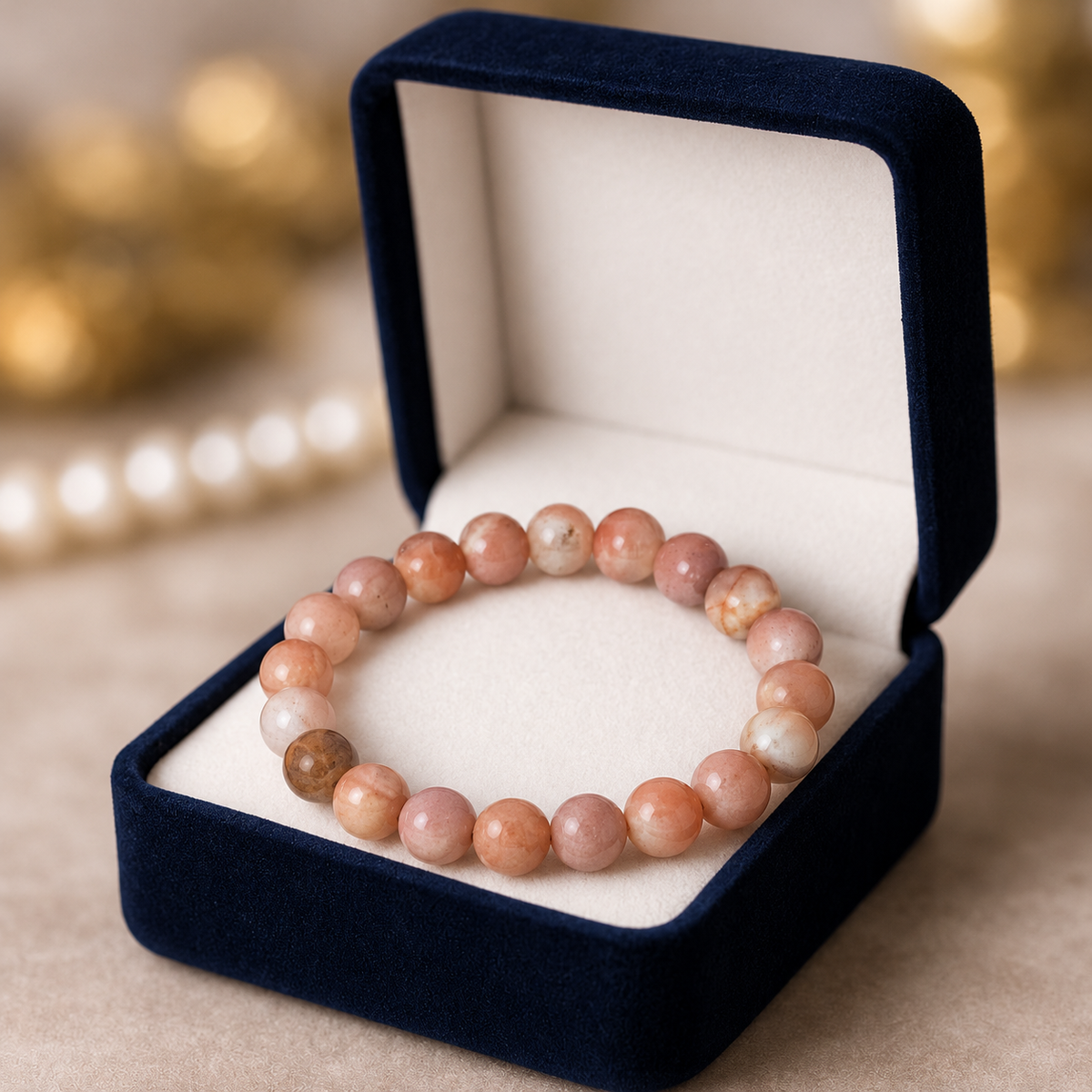 Peach Sunstone bracelet inside an open blue velvet gift box