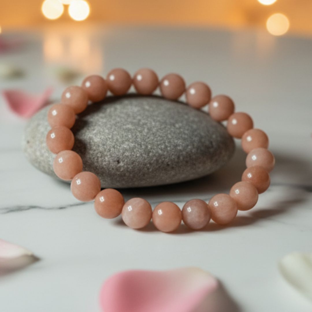 Muted peach Sunstone bracelet around a grey stone with warm background lights