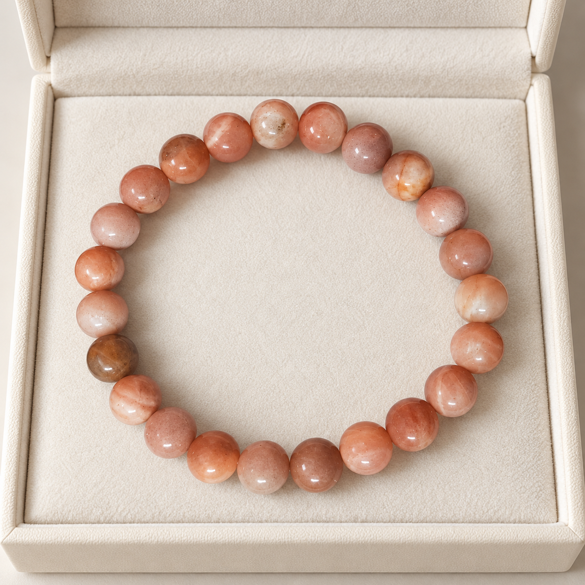 Polished Sunstone bracelet with peach and cream tones in an ivory jewellery box