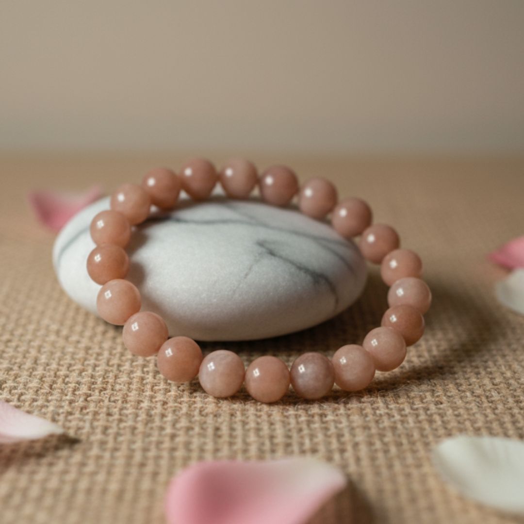 Muted peach Sunstone bracelet around a white marble stone on textured fabric