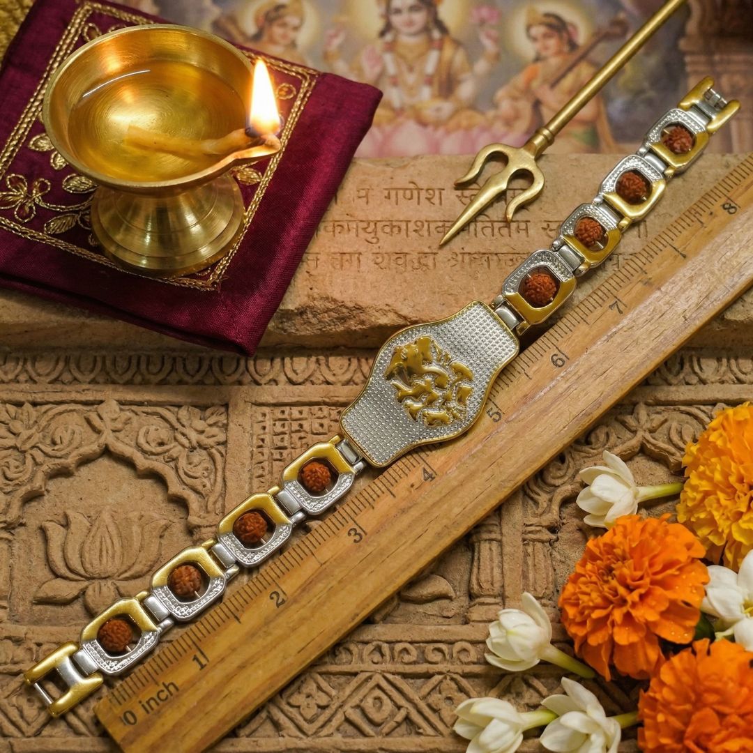 Ganesha Rudraksha bracelet gold silver plated showing 8 inch length