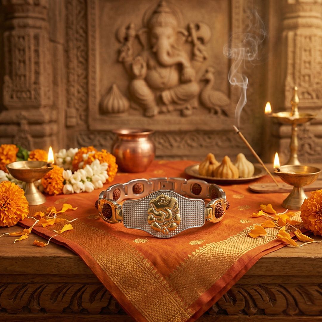 Round view of dual tone Ganesha Rudraksha bracelet gold silver plated in decorative setting.