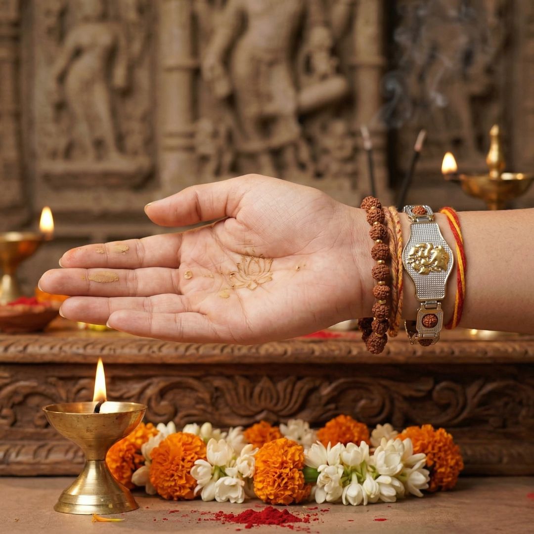 Woman wearing premium Ganesha Rudraksha bracelet dual tone DivineRoots
