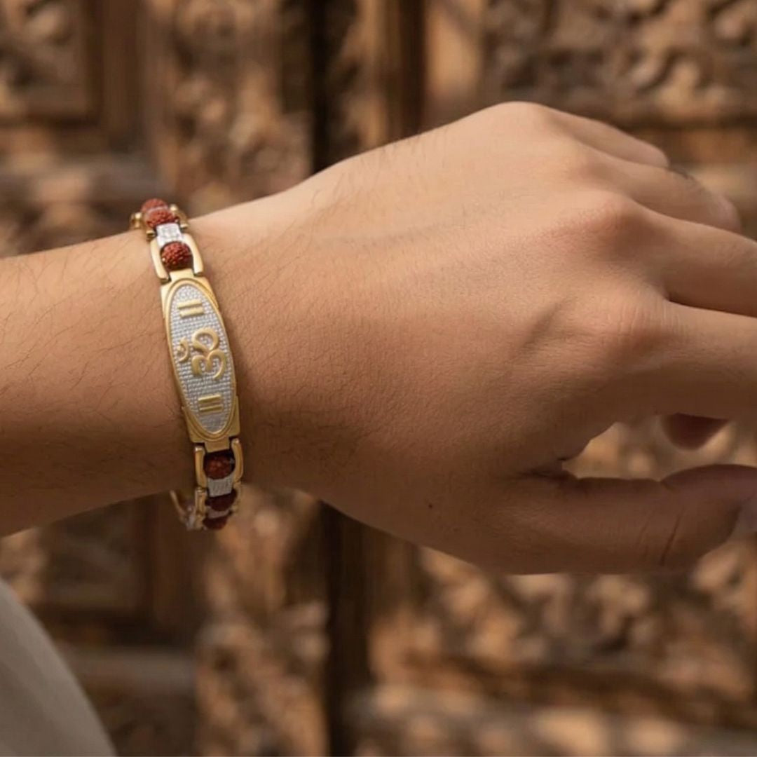 Man wearing premium dual tone Om Gold plated Rudraksha bracelet  DivineRoots