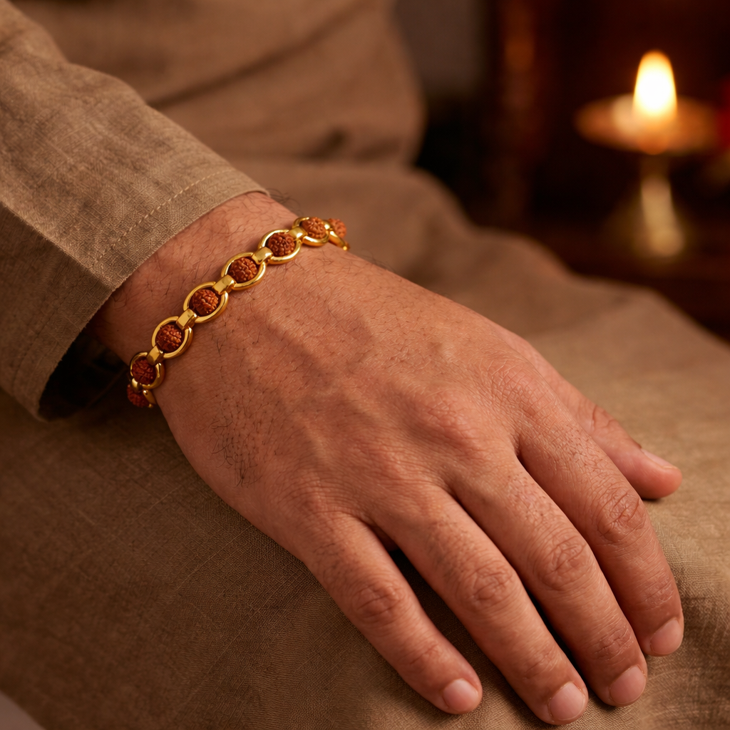 Oval design Rudraksha bracelet gold plated round view 13 beads