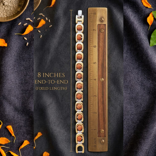 Premium U-Link Gold plated Rudraksha bracelet showing 8 inch length measurement