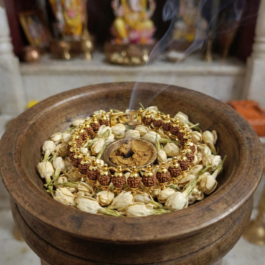 Incense burner with gold plated Rudraksha Bracelet and white flowers in a wooden holder, with smoke rising.