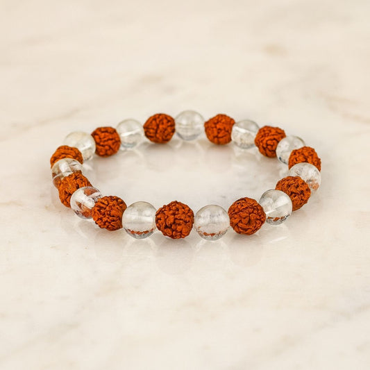 Sphatik and Rudraksha Combo Bracelet on a light wooden surface